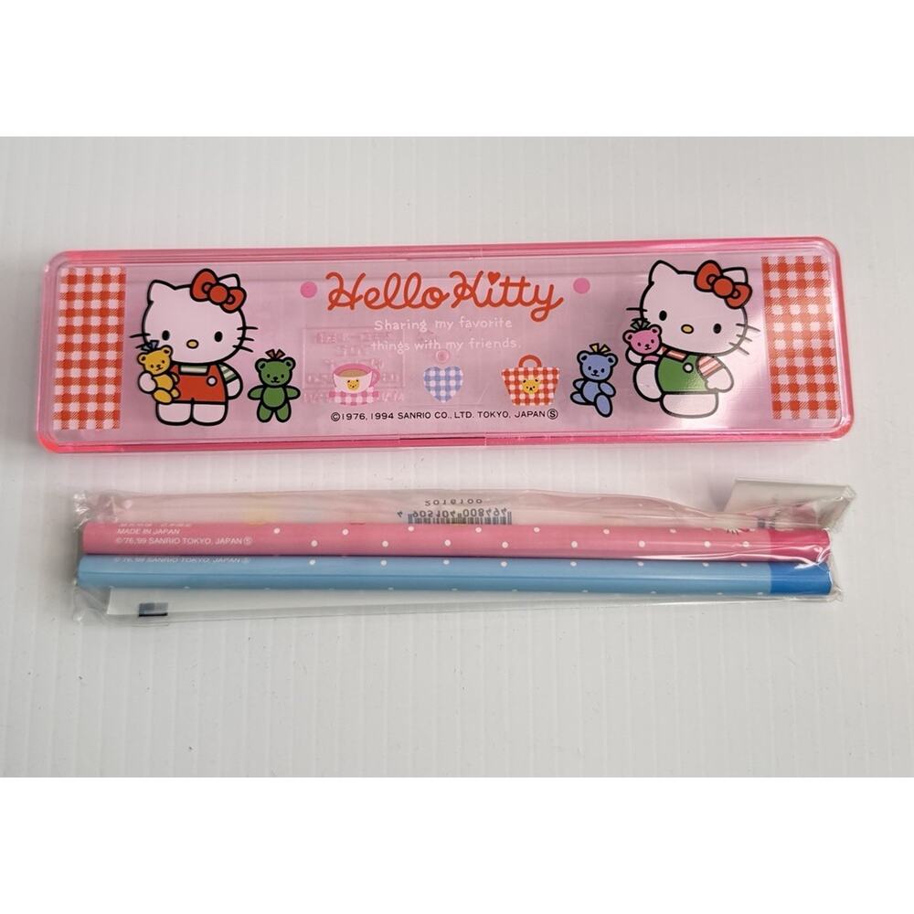 Vintage Hello Kitty Pencil Case 1994 Clear Pink Box & Pencil Set Deadstock Japan